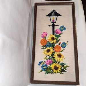 VTG MCM CREWEL Yarn Art Picture Handmade Lantern Floral Kitschy Magnificent!